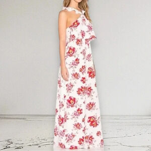 TULAROSA Red Floral Maxi Dress Ruffle Straps Size S